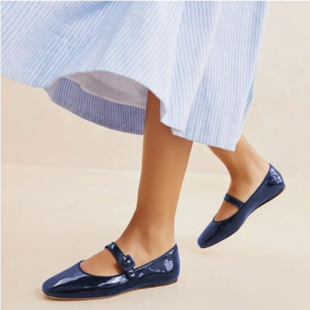 Miss left Dark Blue Buckle Strap Mary Janes Closed Round Toe Ballet Flats